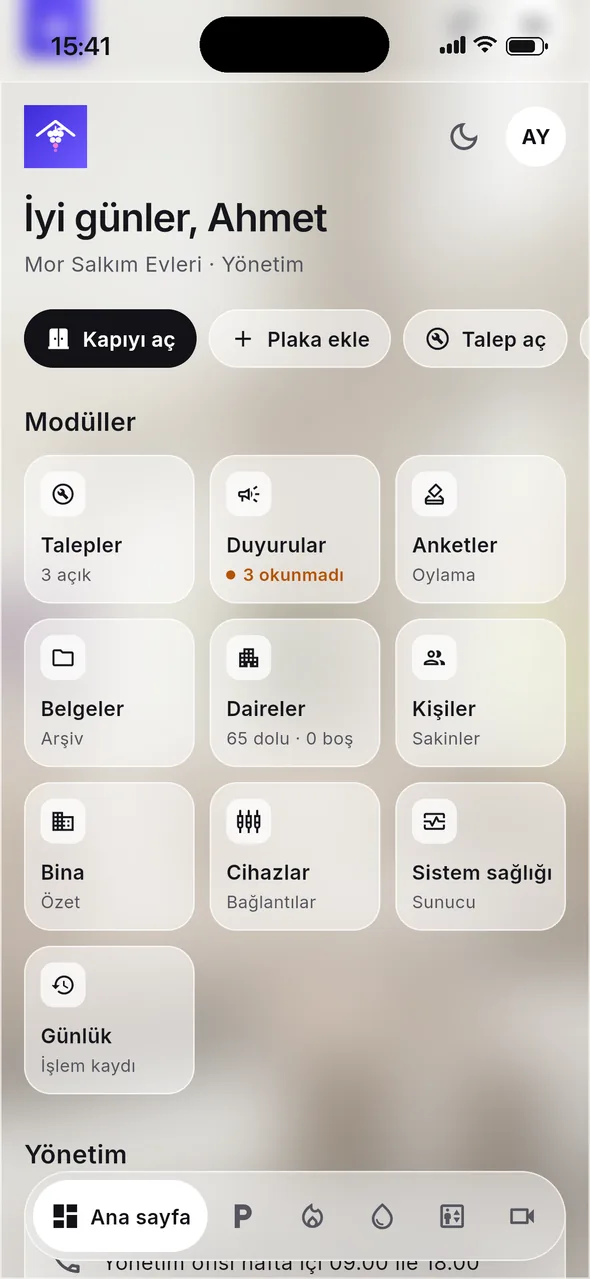 App home screen, management view of a fictional site