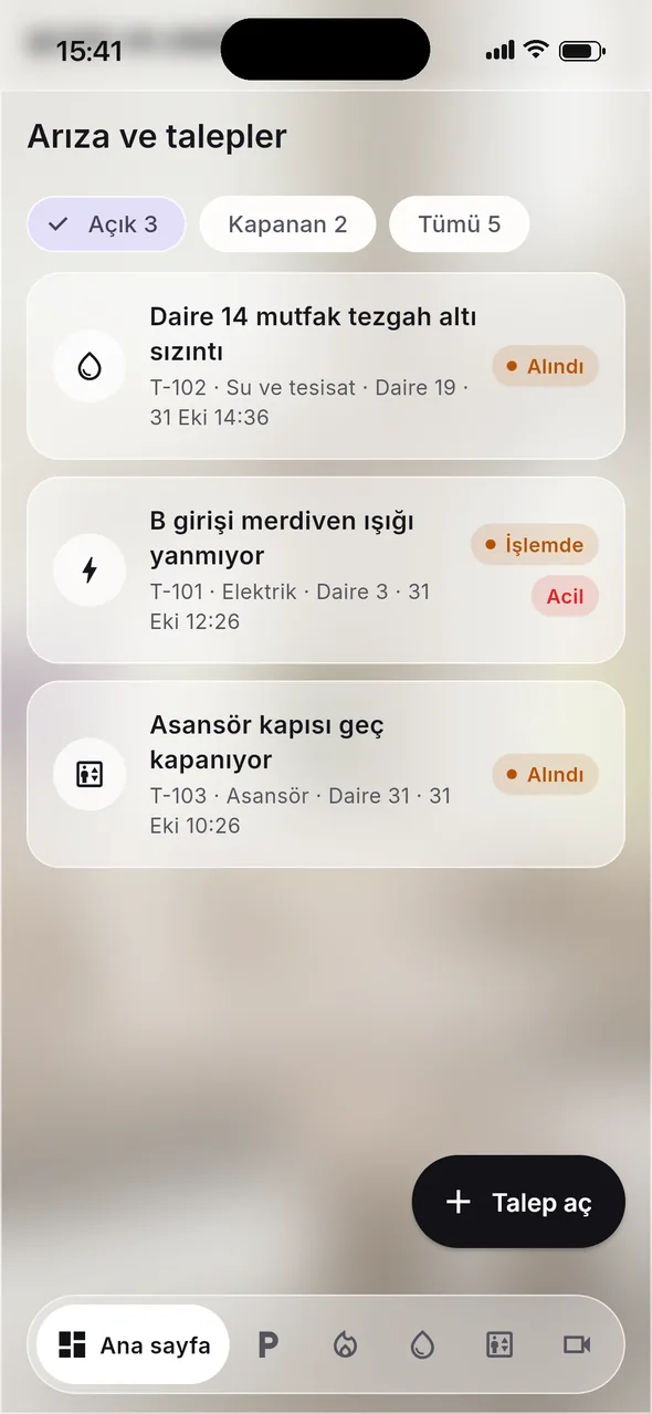 Faults and requests screen